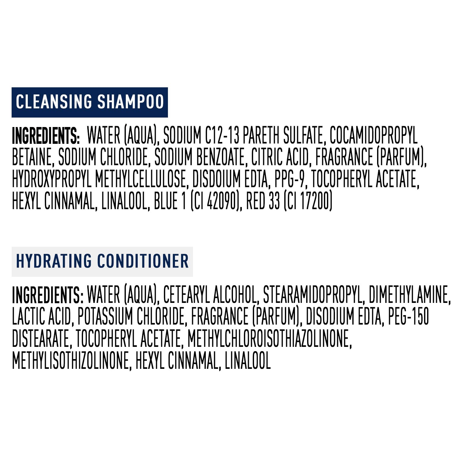 Suave Clarifying and Hydrating Formulas label close-up showing pH-balanced blend.