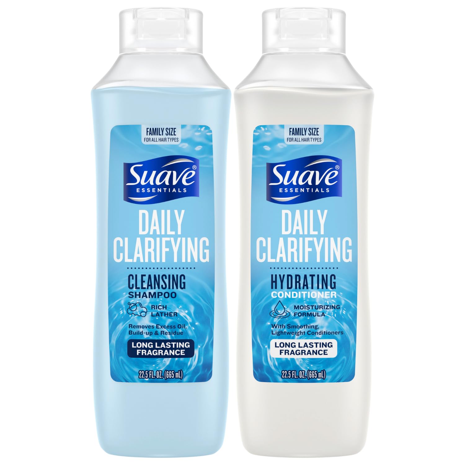 Suave Clarifying Shampoo bottle highlighting residue removal for shiny hair.