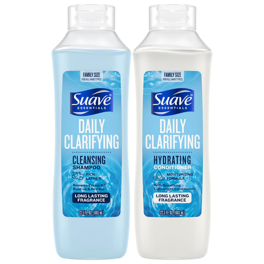 Suave Clarifying Shampoo bottle highlighting residue removal for shiny hair.