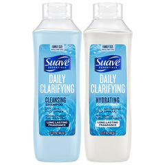 Suave Clarifying Shampoo bottle highlighting residue removal for shiny hair.