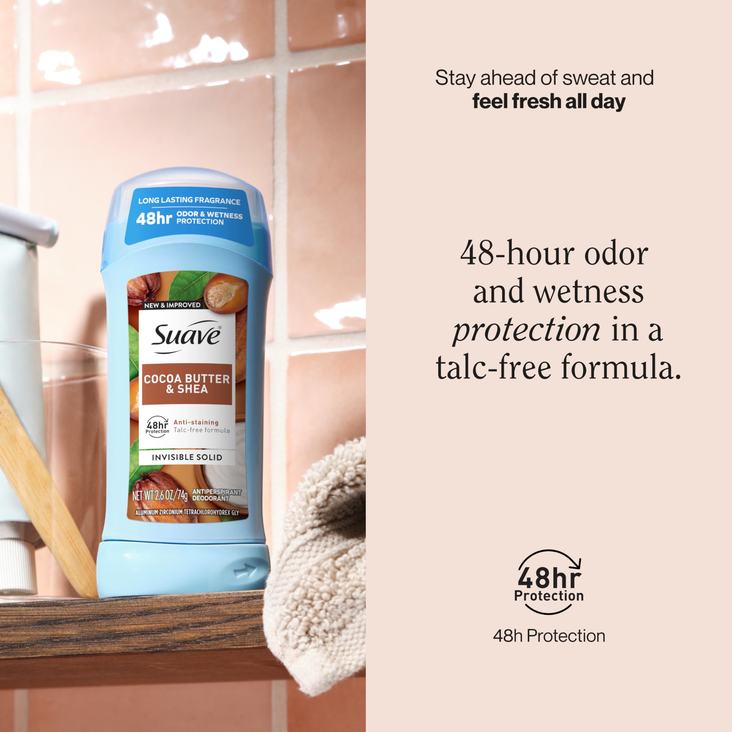 Back label of Suave Cocoa Butter & Shea deodorant showing protection claims.