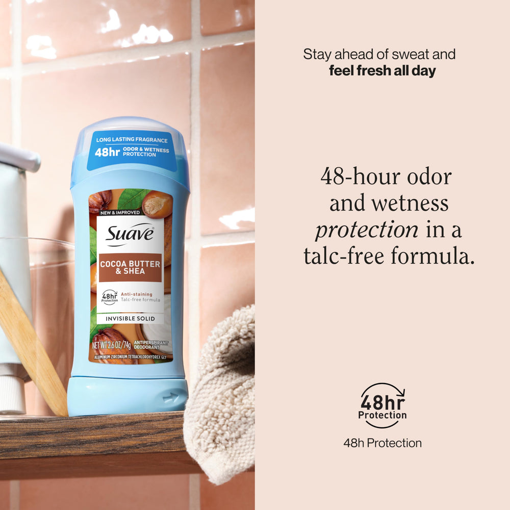 Back label of Suave Cocoa Butter & Shea deodorant showing protection claims.