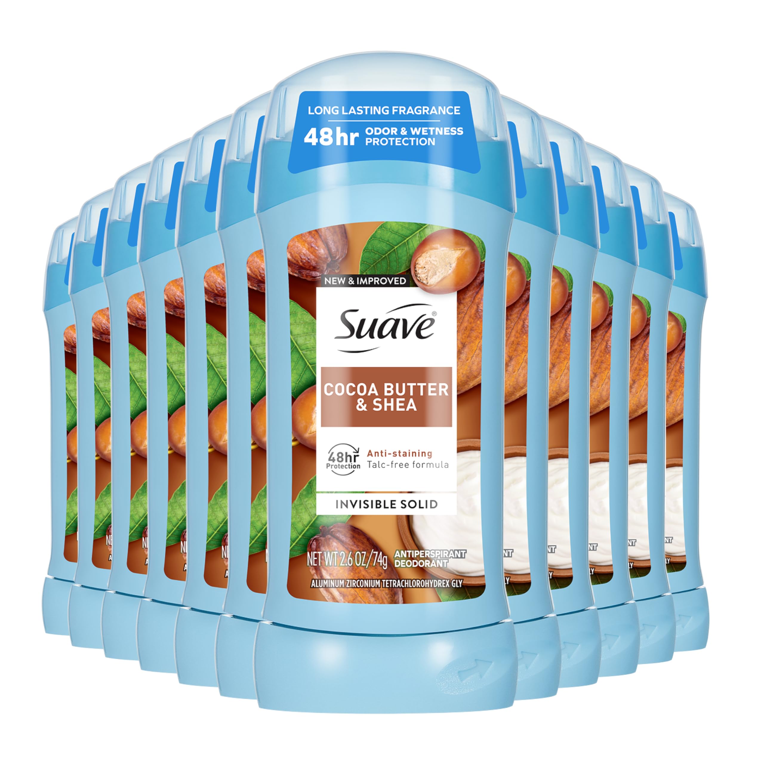 Suave Cocoa Butter & Shea invisible deodorant stick, front view, all-day freshness.