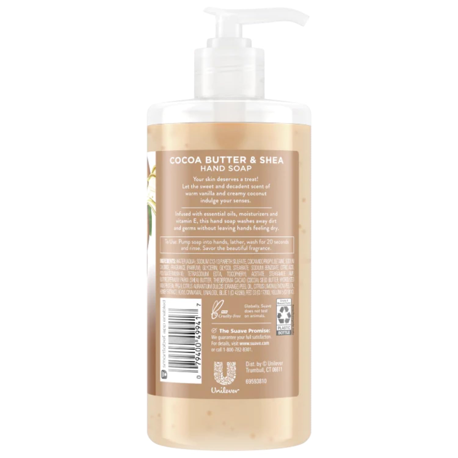 Close-up of Suave hand soap label with moisturizing formula