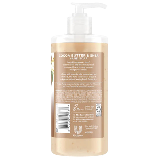 Close-up of Suave hand soap label with moisturizing formula