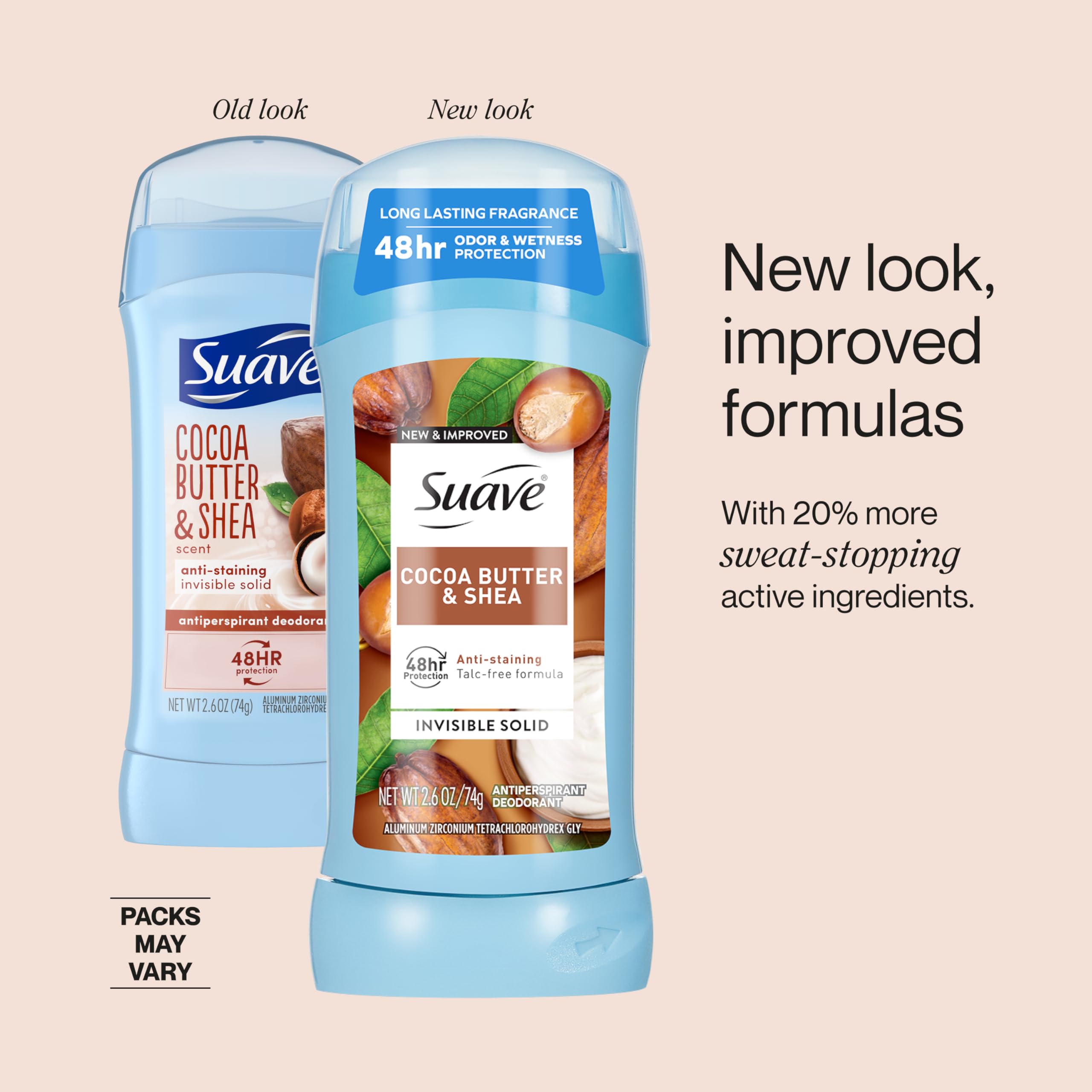 Packaging shot of Suave Cocoa Butter & Shea deodorant in a 12-pack.