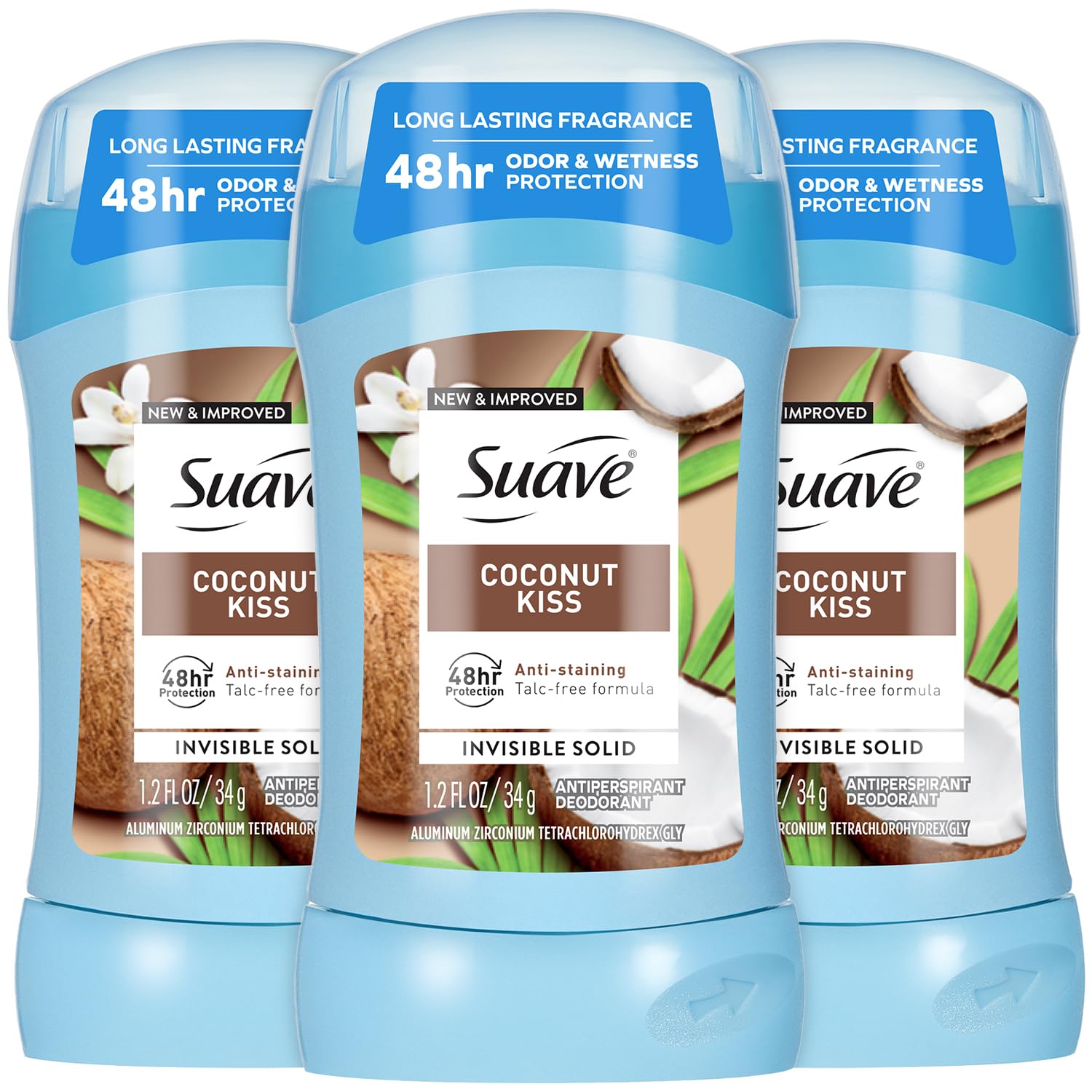 Suave Coconut Kiss deodorant pack 3 visible, providing invisible wear and long-lasting fragrance.