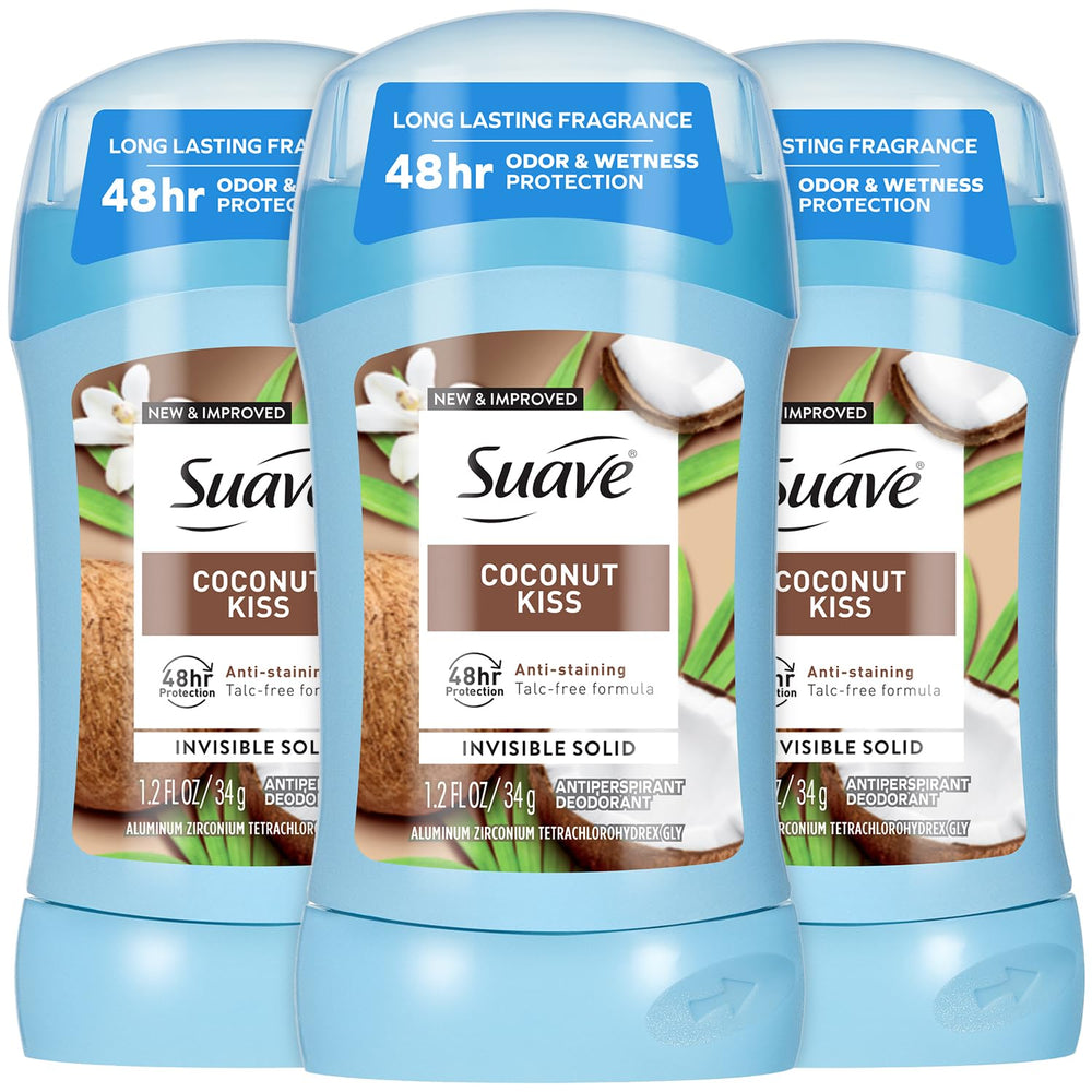 Suave Coconut Kiss deodorant pack 3 visible, providing invisible wear and long-lasting fragrance.