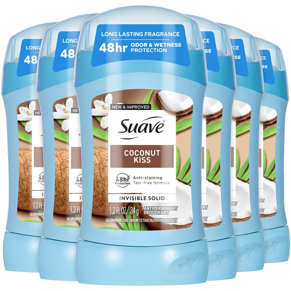 Suave Coconut Kiss six-pack box front for convenient daily use.