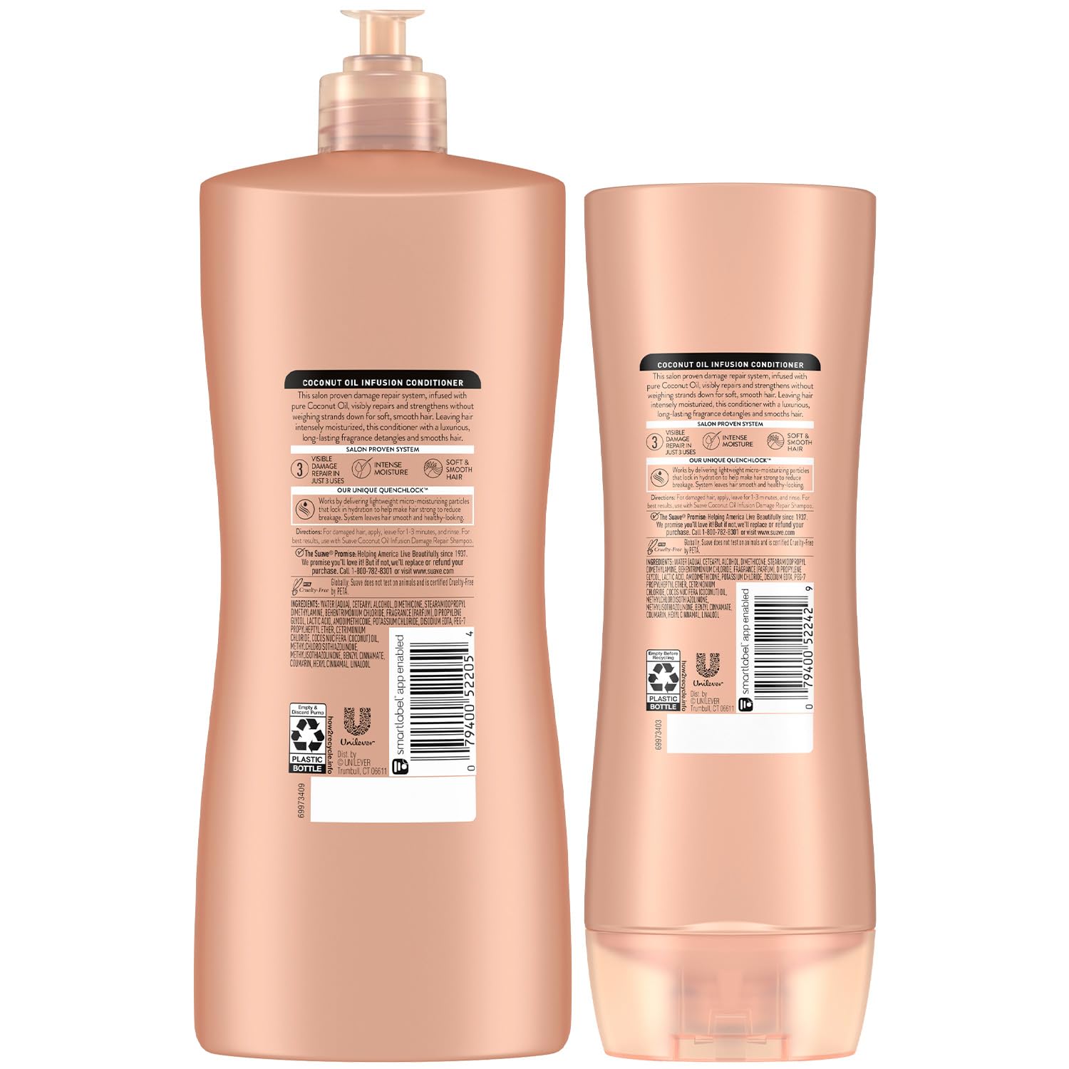 Vanity shot with Suave conditioner bottles and tropical aroma.