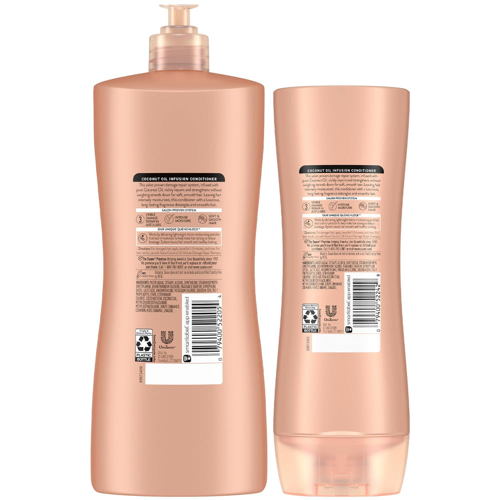 Vanity shot with Suave conditioner bottles and tropical aroma.