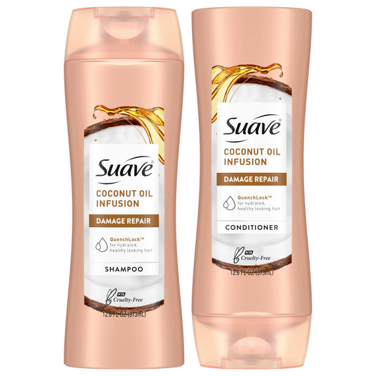 Suave Coconut Oil Infusion Shampoo bottle showing hydration for dry hair