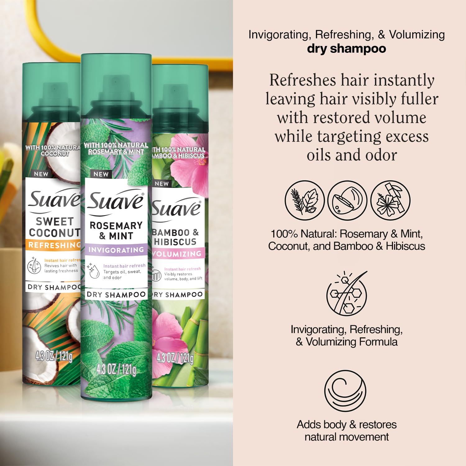 Suave dry shampoo rosemary-mint-bottle highlighting fresh scent and quick refresh