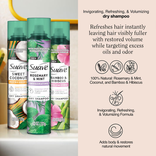 Suave dry shampoo rosemary-mint-bottle highlighting fresh scent and quick refresh