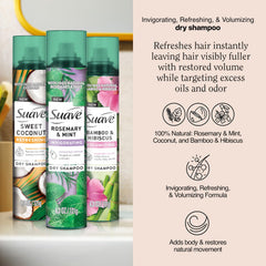 Suave dry shampoo rosemary-mint-bottle highlighting fresh scent and quick refresh