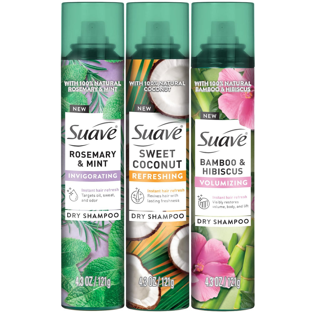 Suave dry shampoo trio-pack showing rosemary-mint-bottle for quick refresh between washes