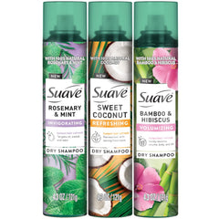 Suave dry shampoo trio-pack showing rosemary-mint-bottle for quick refresh between washes