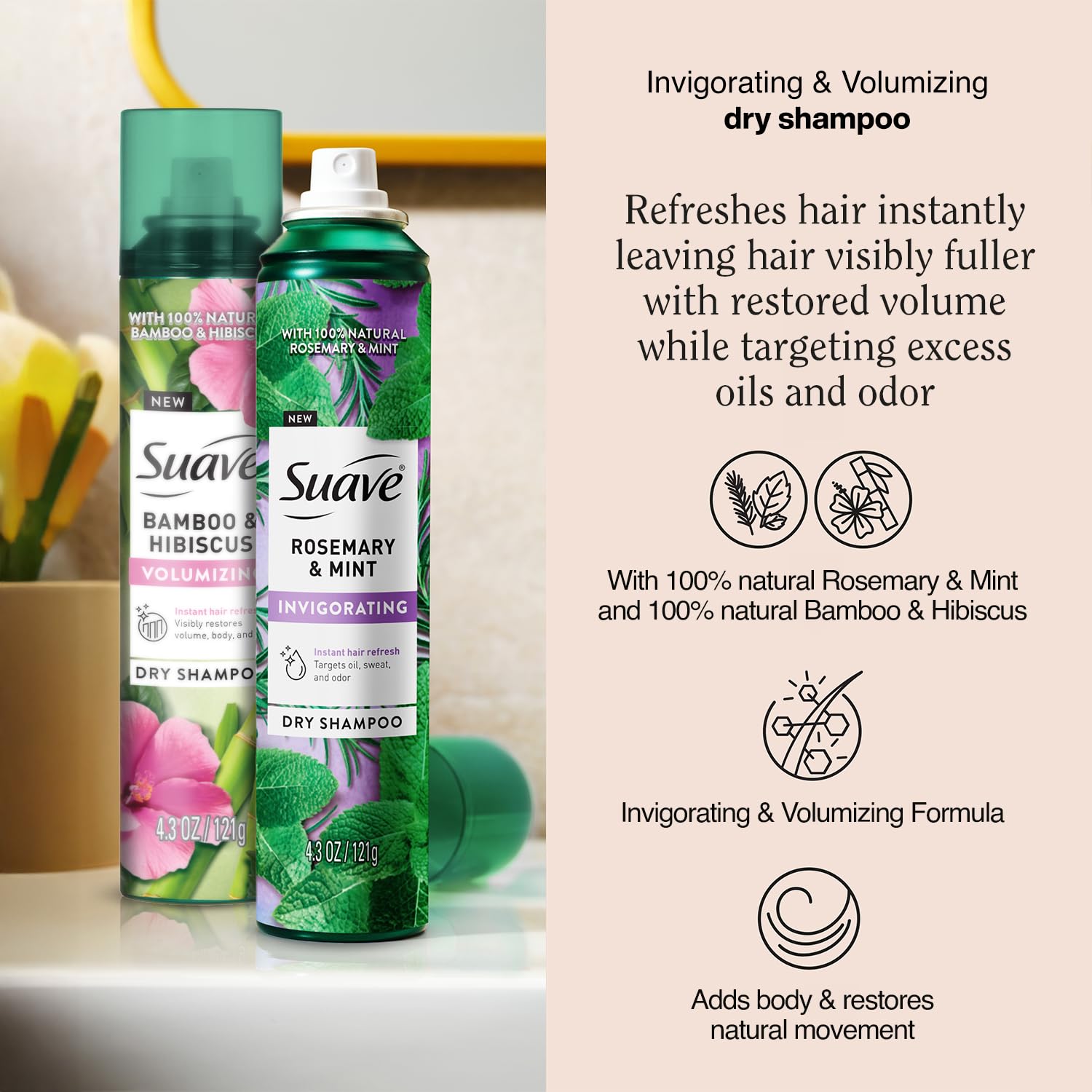 Suave dry shampoo Volumizing Bamboo & Hibiscus bottle adds lightweight lift