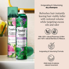 Suave dry shampoo Volumizing Bamboo & Hibiscus bottle adds lightweight lift