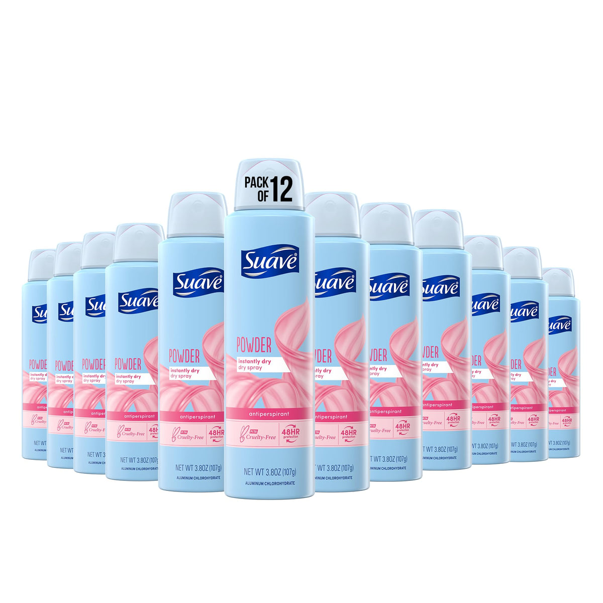 Suave dry spray powder-fresh bottle showing sleek design and clear application