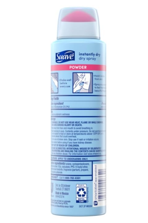 Suave dry spray underarm application demonstrating quick, non-staining use