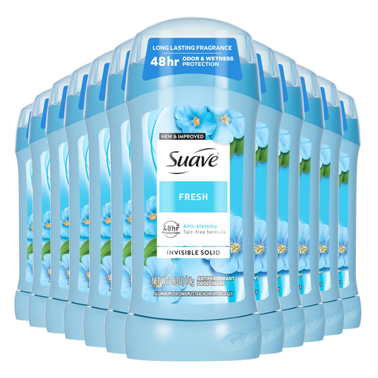 Suave Fresh invisible underarm deodorant packaging for easy, stain-free wear