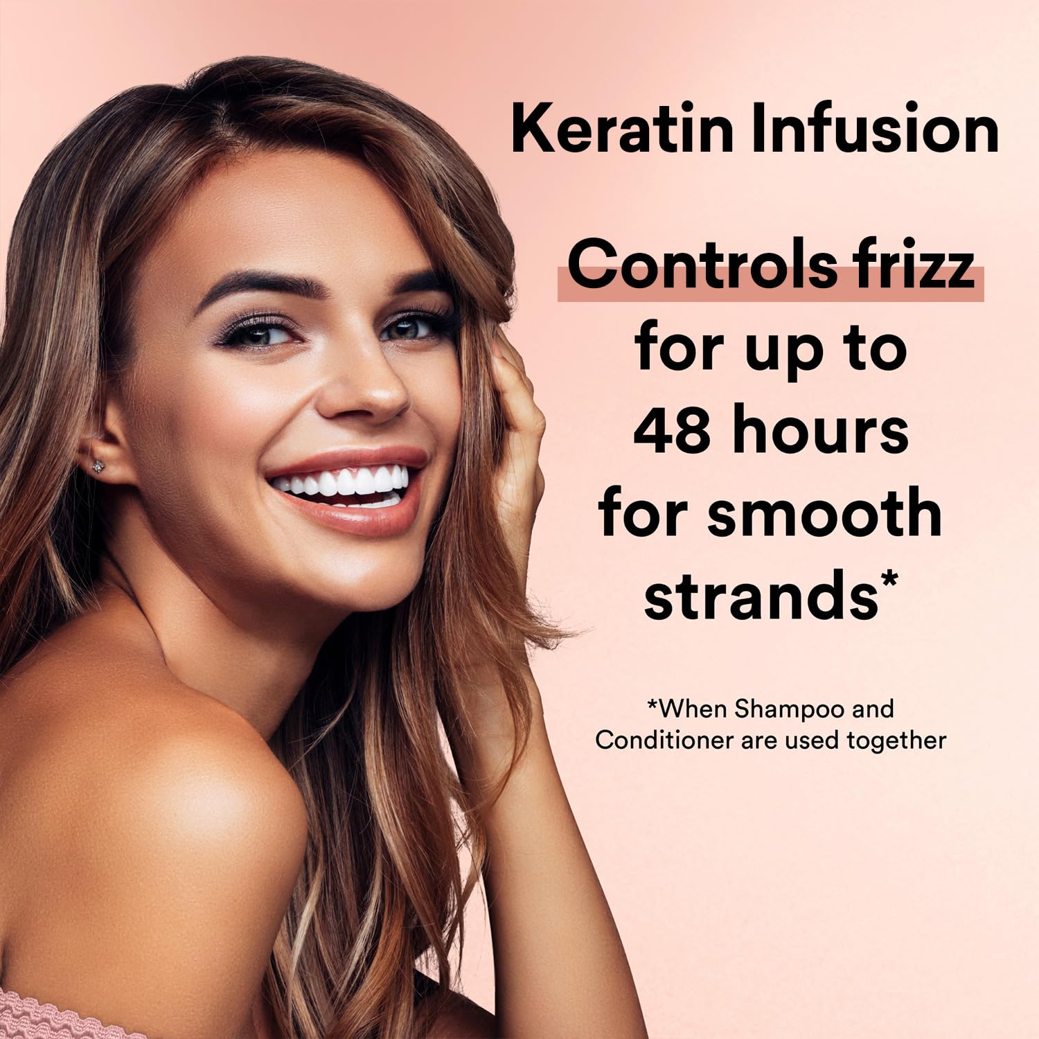 Suave Frizz-Control Shampoo close-up highlighting smooth, manageable hair after washing.