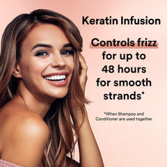 Suave Frizz-Control Shampoo close-up highlighting smooth, manageable hair after washing.