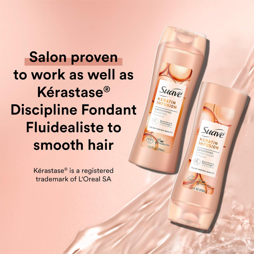 Suave Keratin Infusion Conditioner bottle enabling detangling and softer strands