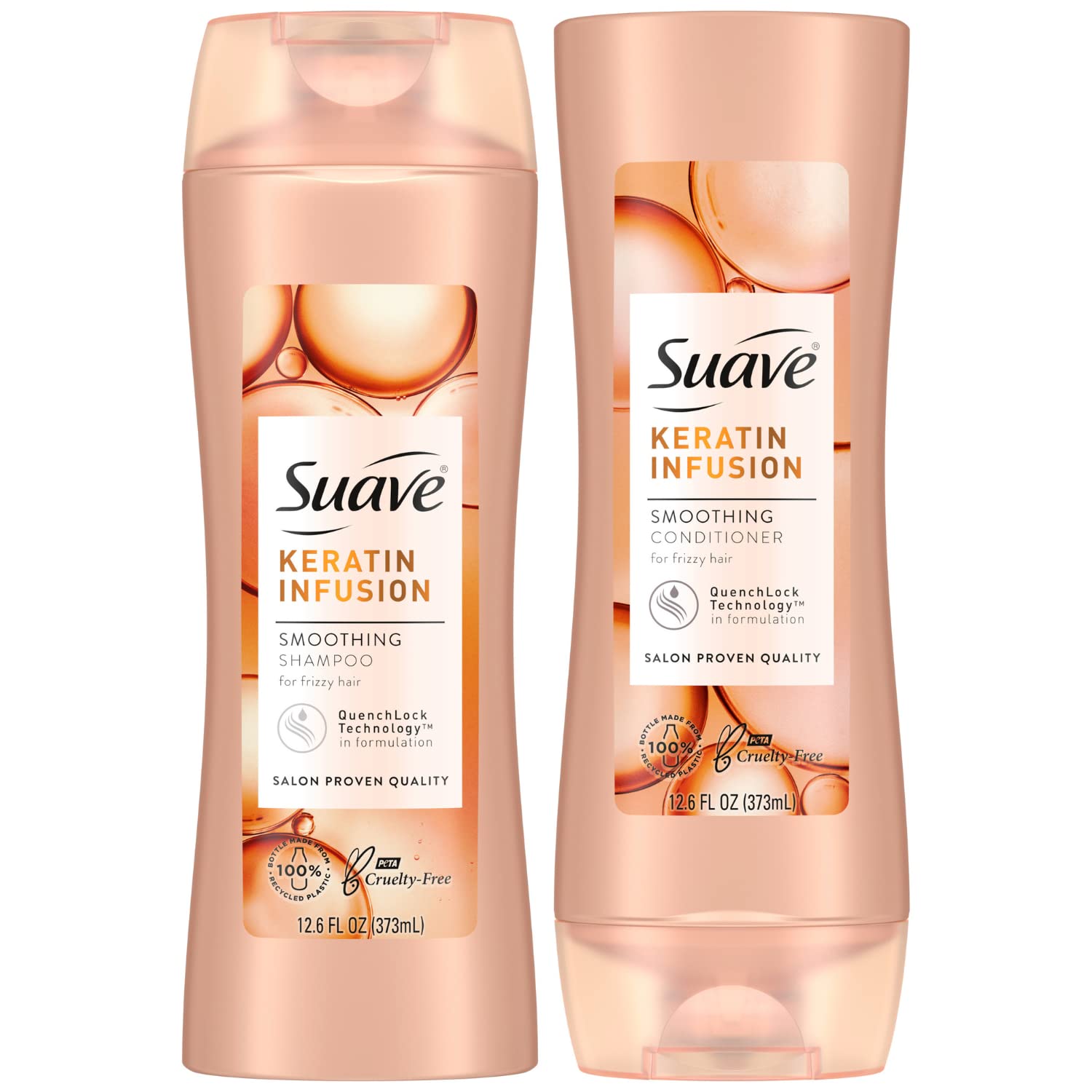 Suave Keratin Infusion Shampoo bottle showing frizz control for smoother hair