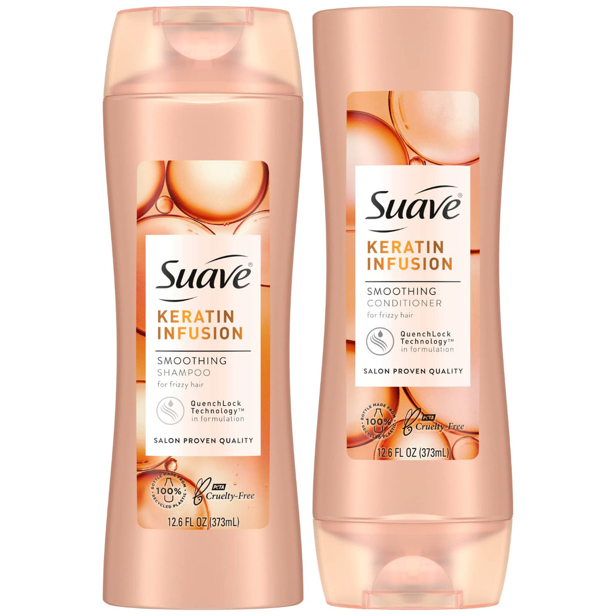 Suave Keratin Infusion Shampoo bottle showing frizz control for smoother hair