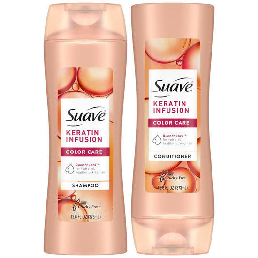 Suave Keratin Infusion Shampoo bottle shows color-safe formula for vibrant color