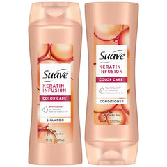Suave Keratin Infusion Shampoo bottle shows color-safe formula for vibrant color
