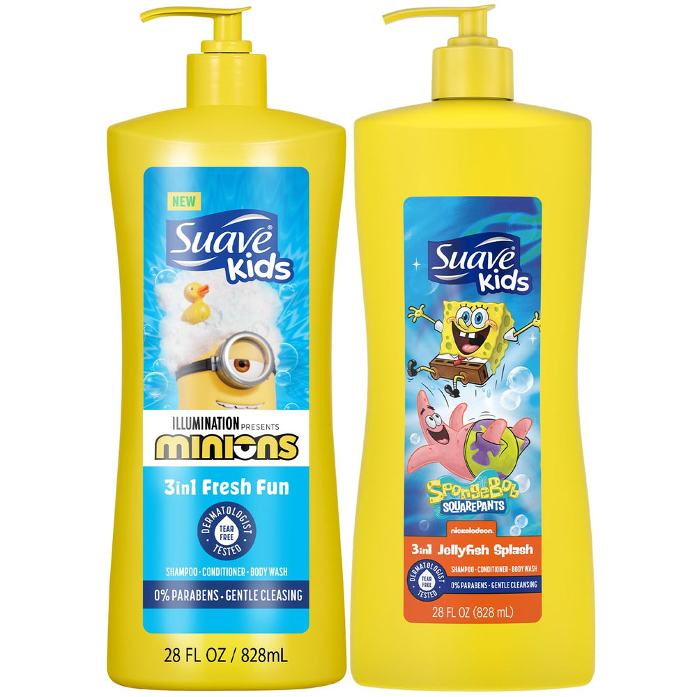 Suave Kids 3-in-1 Minions Fresh Fun bottle for gentle, all-in-one cleansing during bath time.
