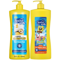Suave Kids 3-in-1 Minions Fresh Fun bottle for gentle, all-in-one cleansing during bath time.