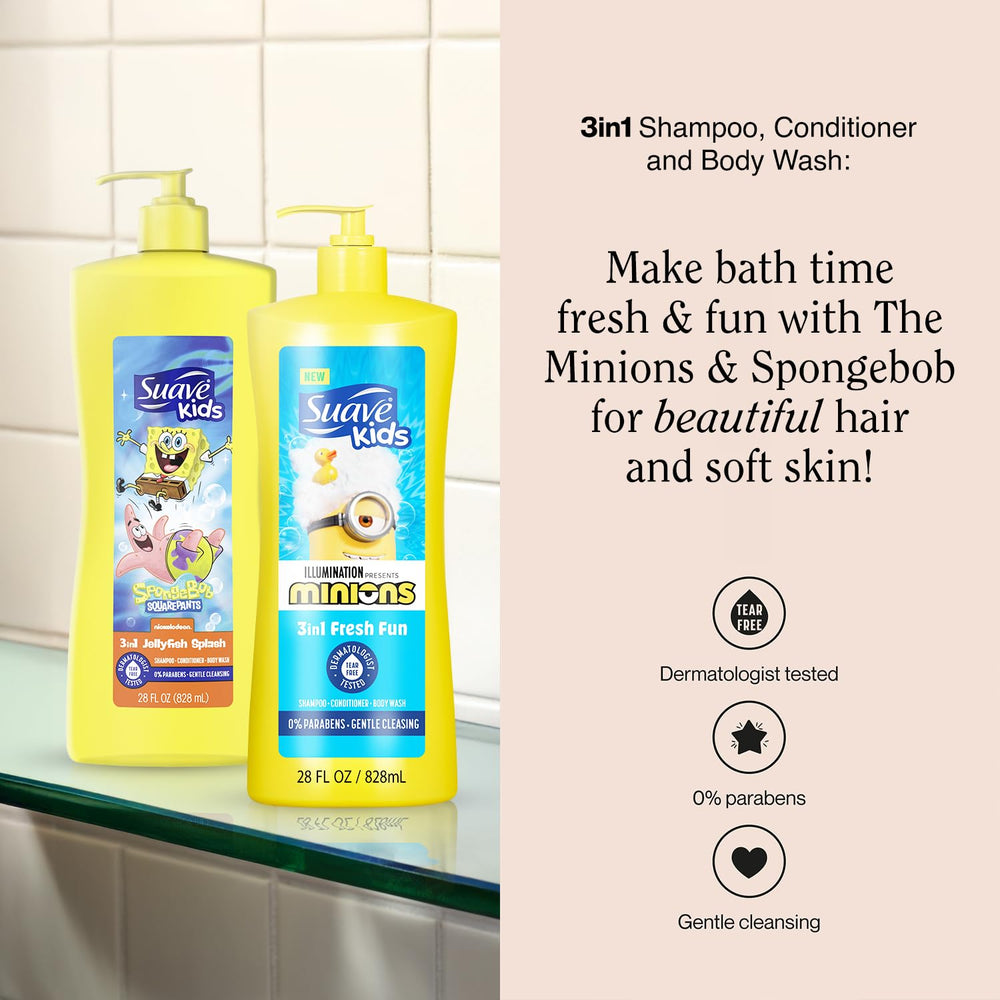 Suave Kids 3-in-1 Minions Fresh Fun label and bottle design showcasing playful branding.