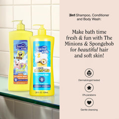 Suave Kids 3-in-1 Minions Fresh Fun label and bottle design showcasing playful branding.