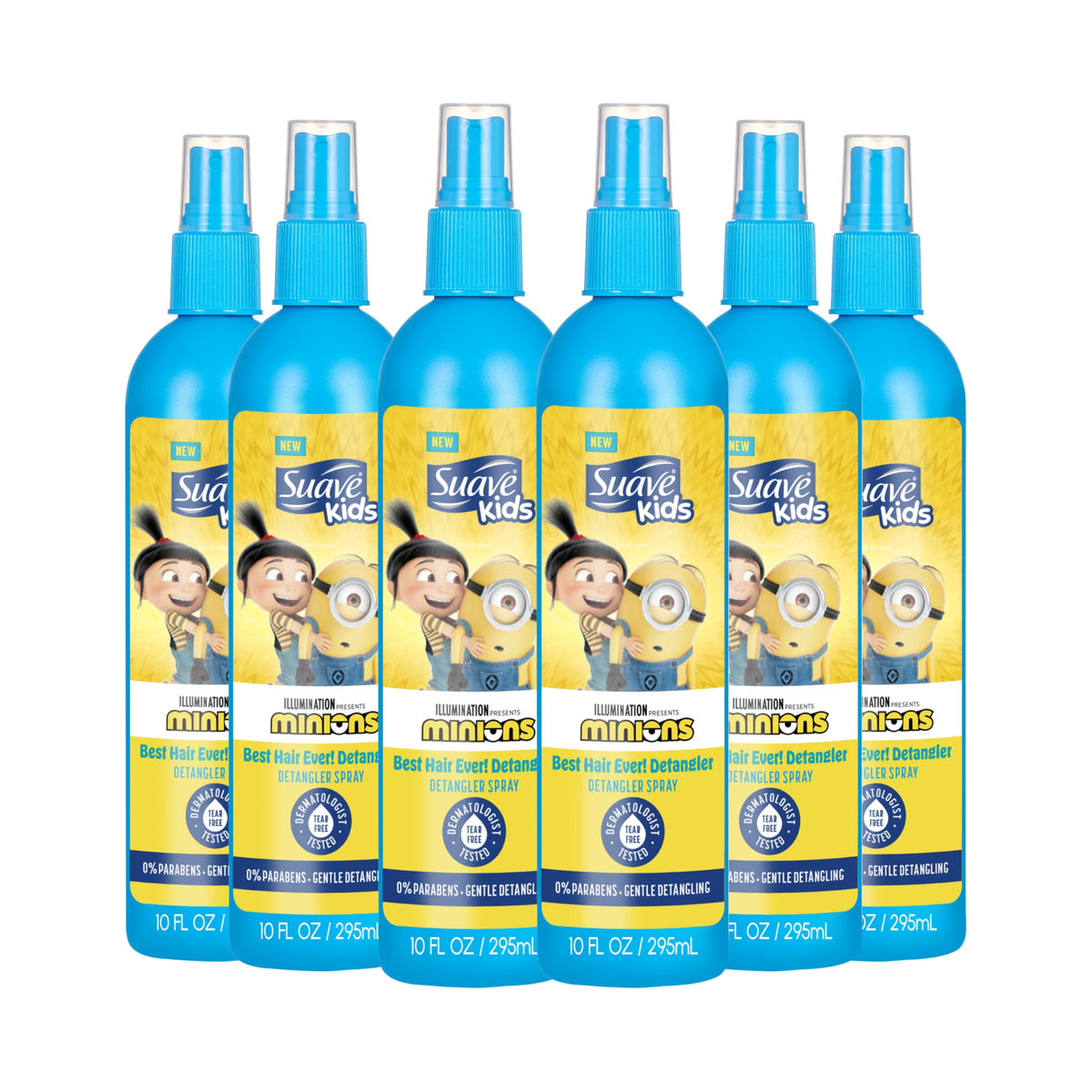 Suave Kids Detangler Spray Minions bottle — detangles knots quickly for busy mornings.