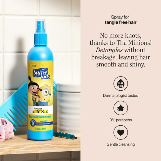 Suave Kids Detangler Spray Minions packaging closeup — playful Minions design for kids.