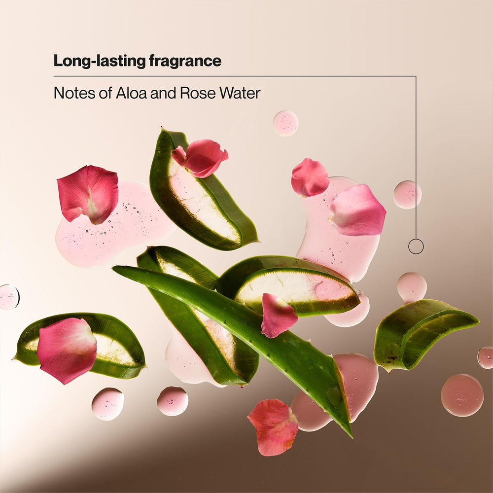 Suave floral fragrance image conveys long-lasting, light rose scent