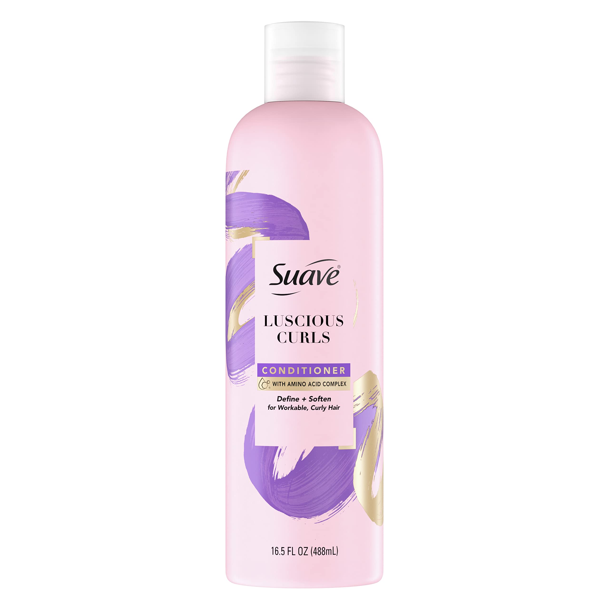 Suave Luscious Curls conditioner bottle shows moisturizing formula for defined curls.