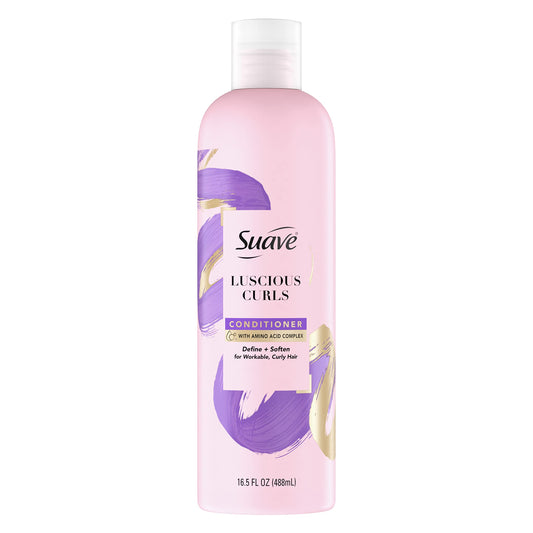 Suave Luscious Curls conditioner bottle shows moisturizing formula for defined curls.