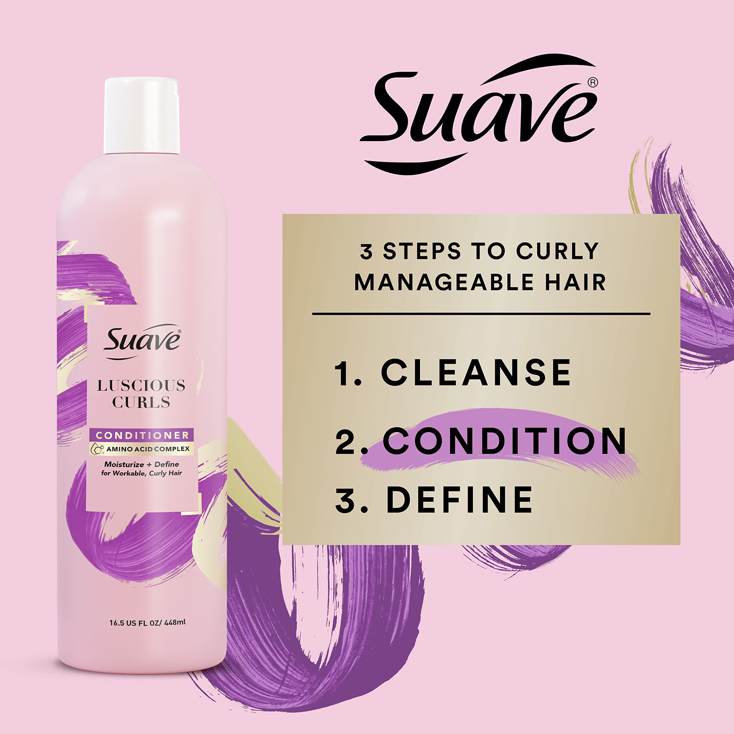 Suave Luscious Curls conditioner texture close-up shows creamy moisture.