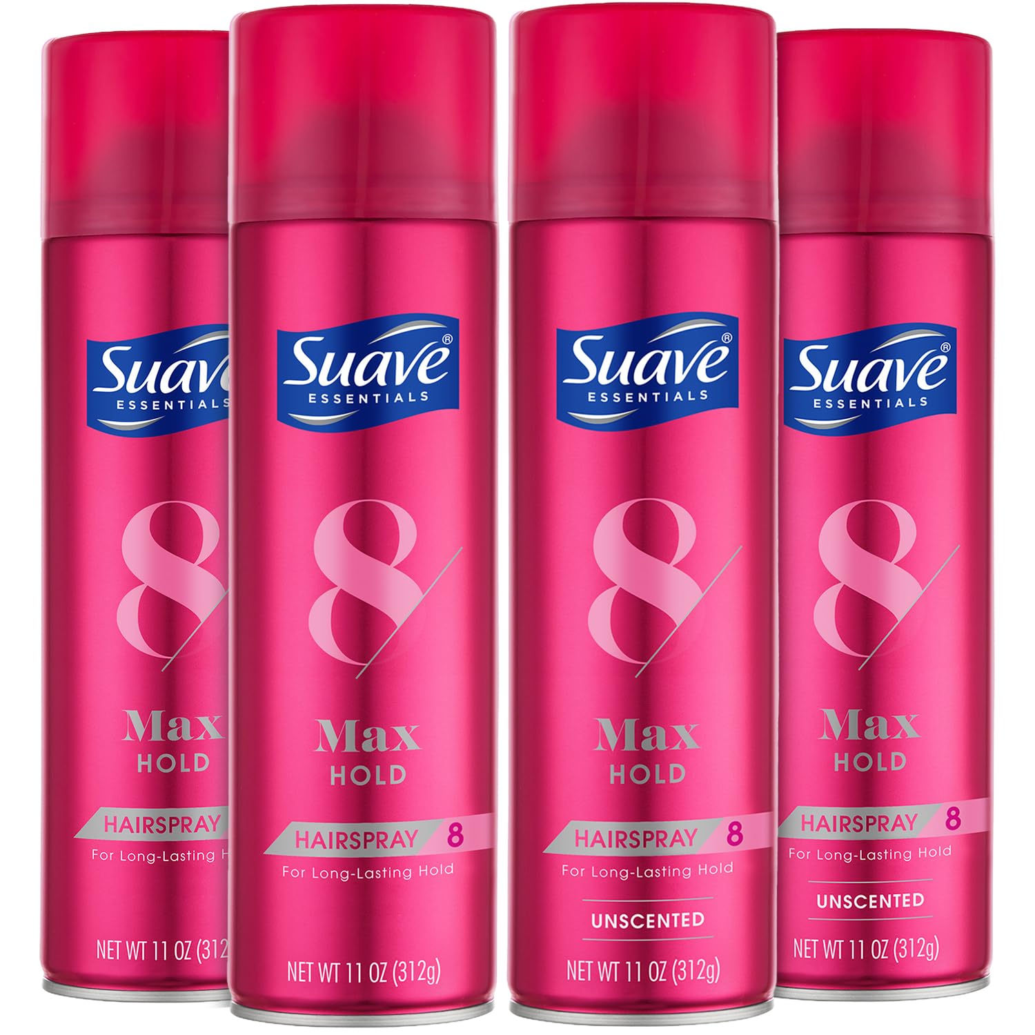 Suave Max Hold Hairspray scented bottle for all-day hold with fresh fragrance.