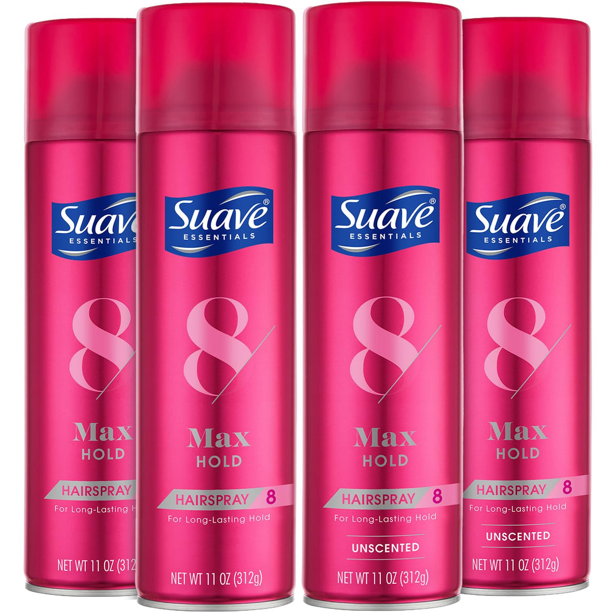 Suave Max Hold Hairspray scented bottle for all-day hold with fresh fragrance.