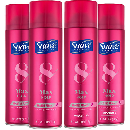 Suave Max Hold Hairspray scented bottle for all-day hold with fresh fragrance.