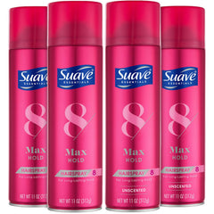 Suave Max Hold Hairspray scented bottle for all-day hold with fresh fragrance.