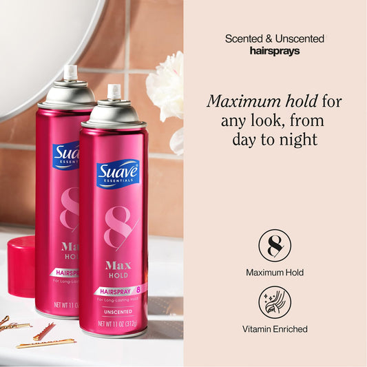 Suave Max Hold Hairspray unscented bottle for a fragrance-free finish.