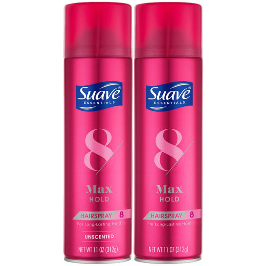 Suave Max Hold 2-pack box with unscented and scented formulas for versatile styling.