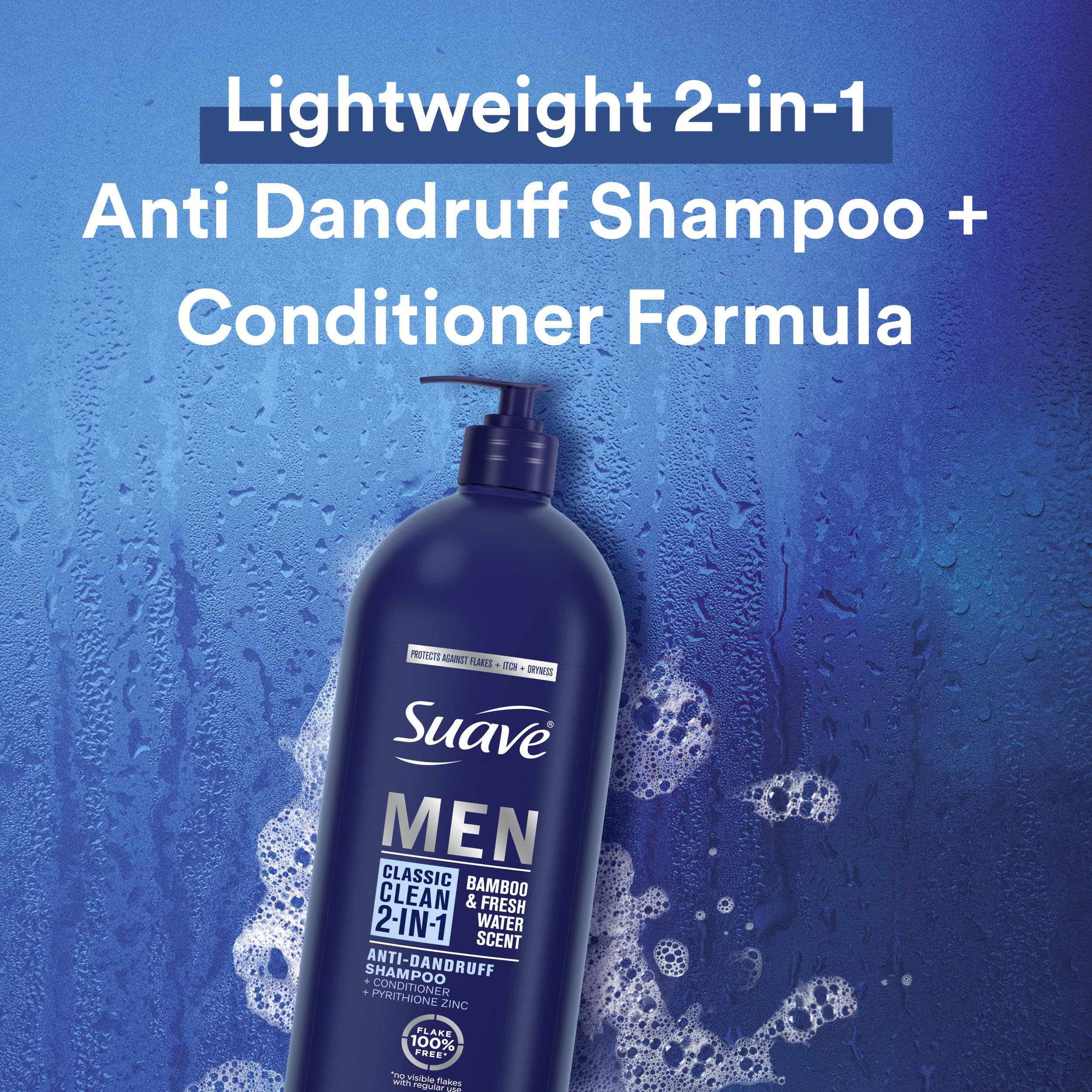 Suave Men 2 in 1 back label with pyrithione zinc for dandruff care.